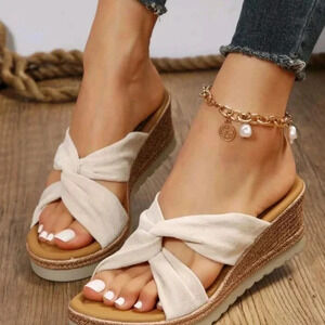 Women Twist Detail Cut Out Espadrille Wedge Slide Sandals, Vacation Outdoor Faux
